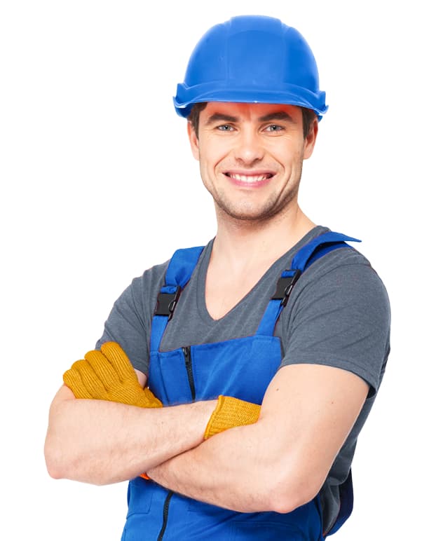 Professional Plumber smiling in blue uniform and safety hat