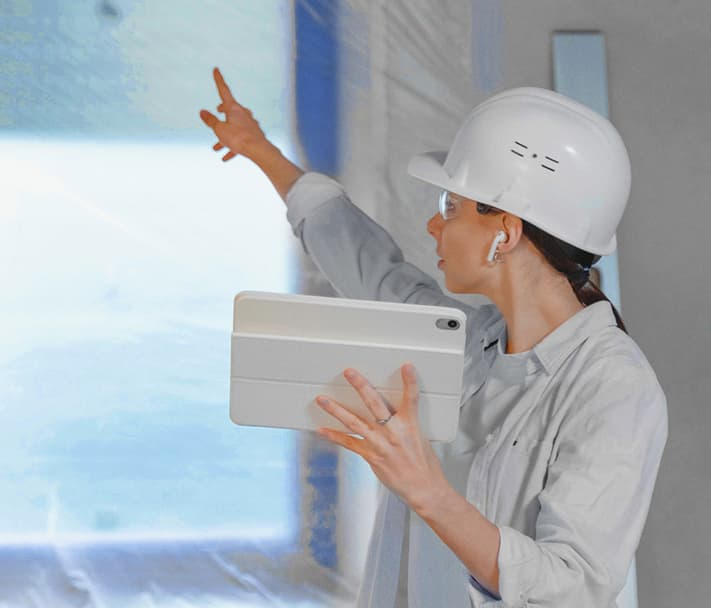 Worker inspecting plumbing layout on tablet